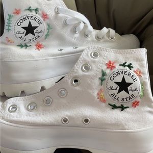 Hand-embroidered white platform converse!